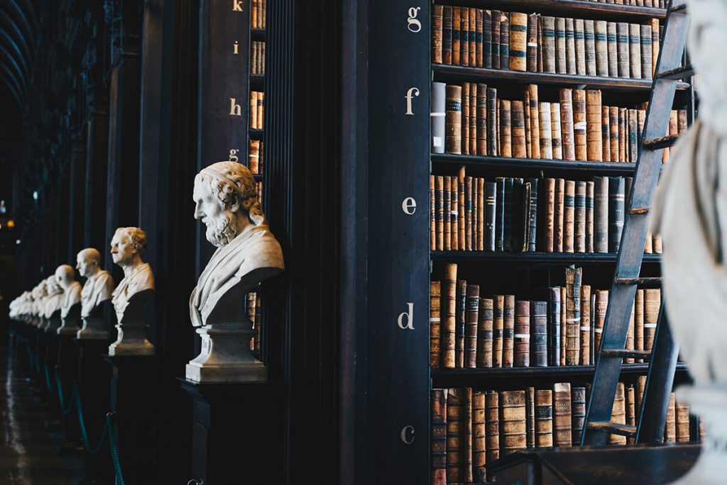 Leather-bound books in a dark library.